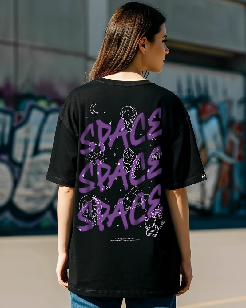بيواكوف Women's Black Space Typography Oversized T-shirt